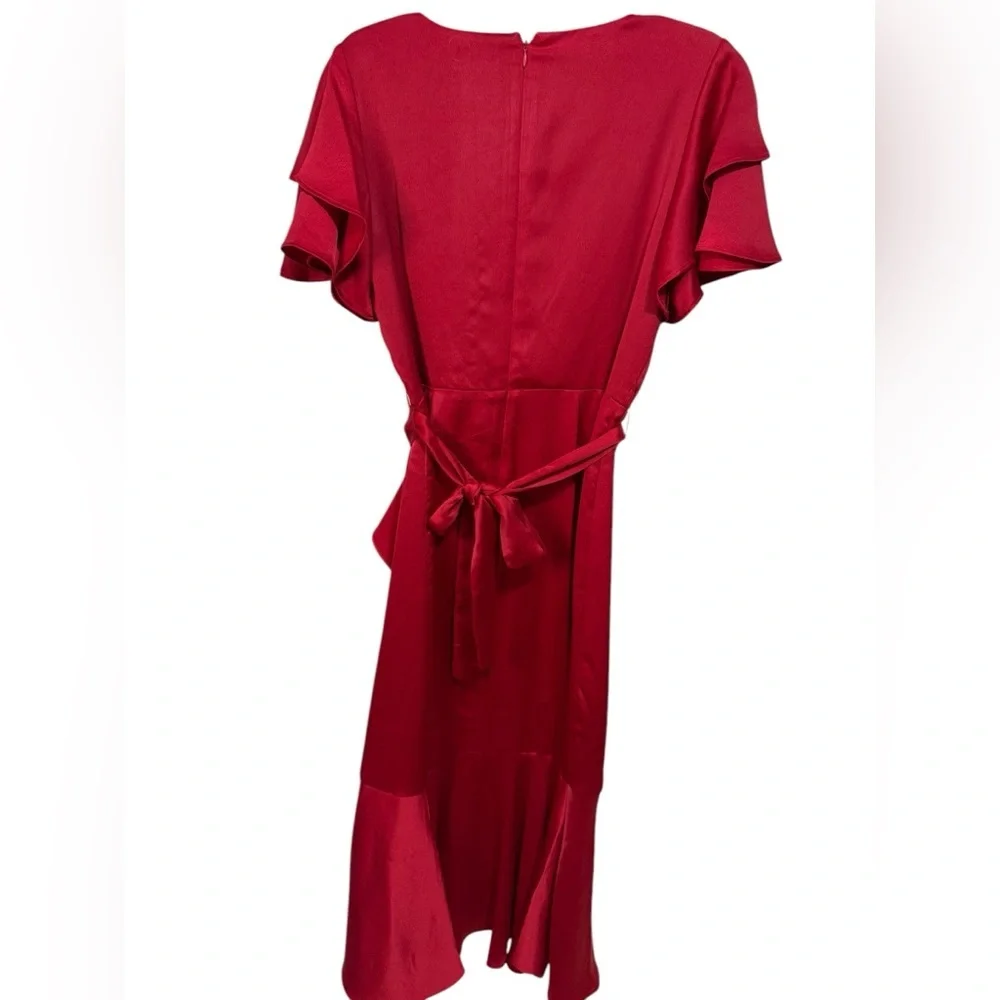Women's V neck Ruffle Front Red Satin Crepe belted Gown 
Size 8 - Picture 7 of 11